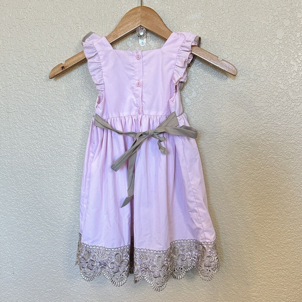 Periwinkle Parasol Pink Brown Dress Smocking Lace‎ Tie Back Crown 3T - Picture 6 of 6